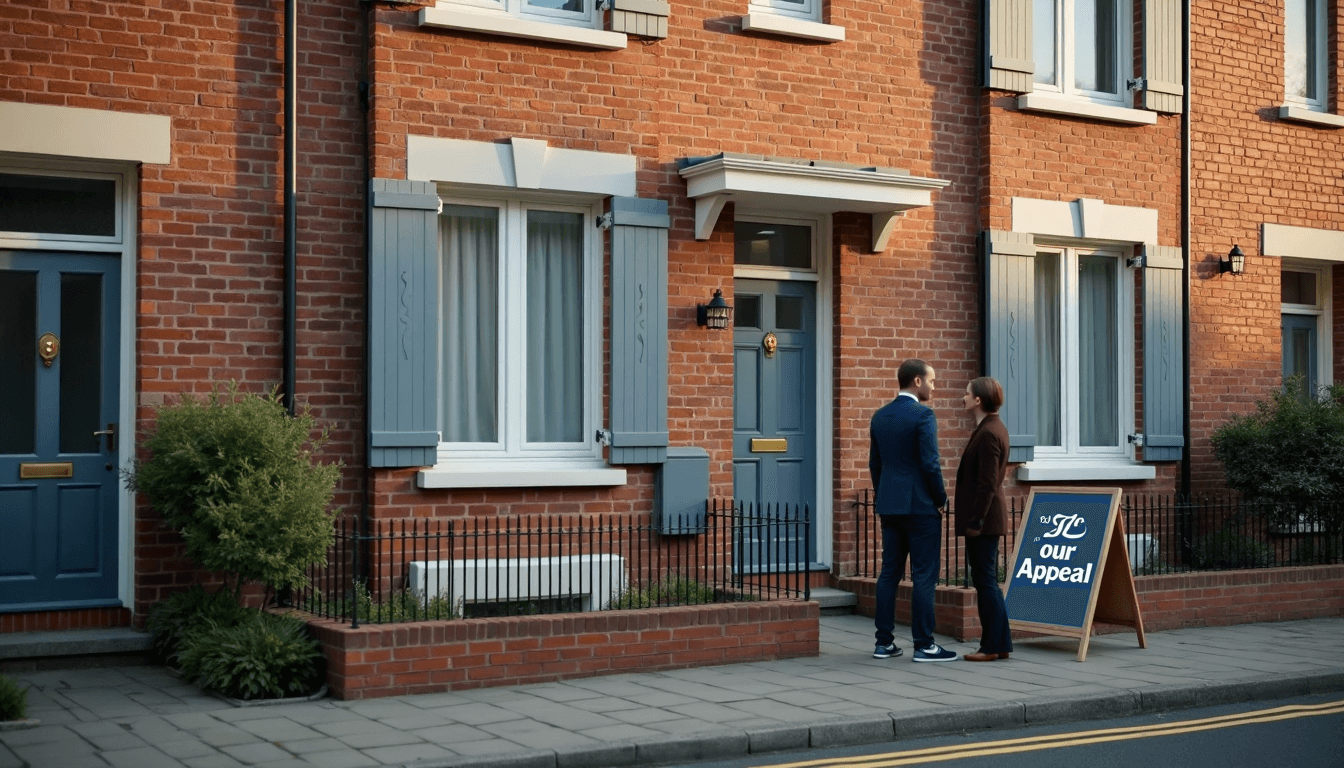 Exterior of UK terrace with grey shutters, neighbours chatting by door