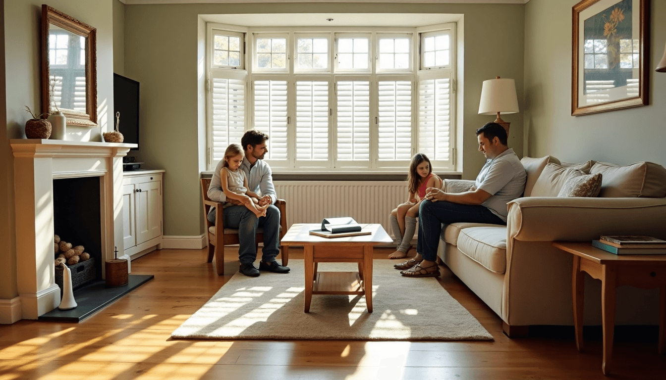 energy-efficient shutters Family gathers in sunlit lounge with energy shutters