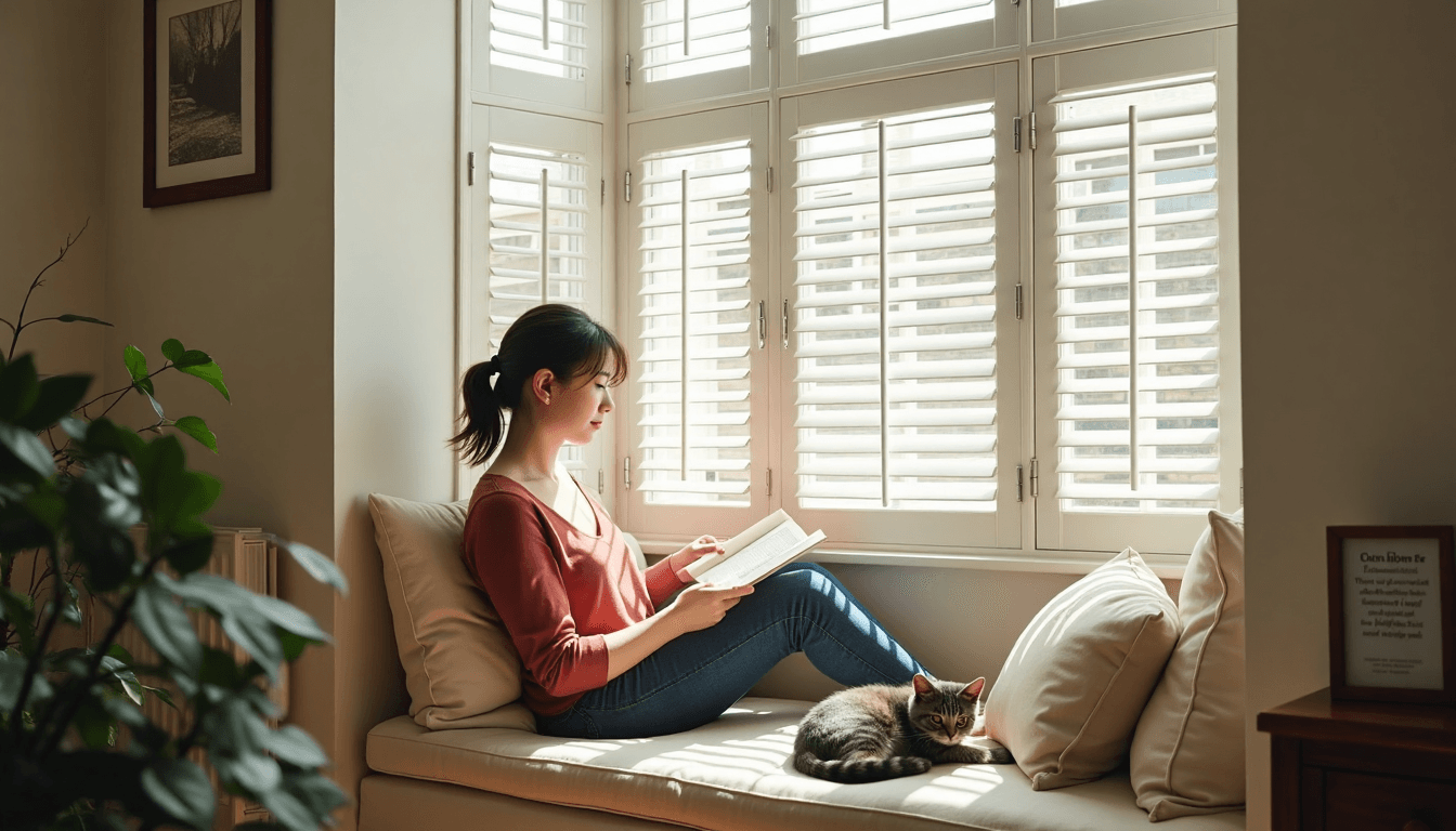 Bay window with shutters, window seat and reading adult