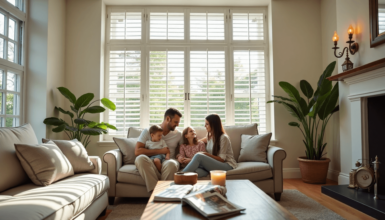 what are shutters Family relaxing in UK living room with modern plantation shutters