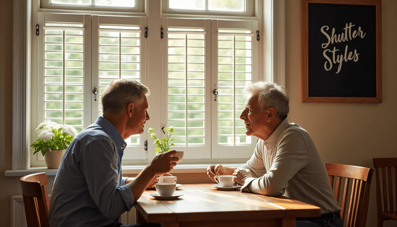 what are shutters People enjoying coffee by window with café-style shutters