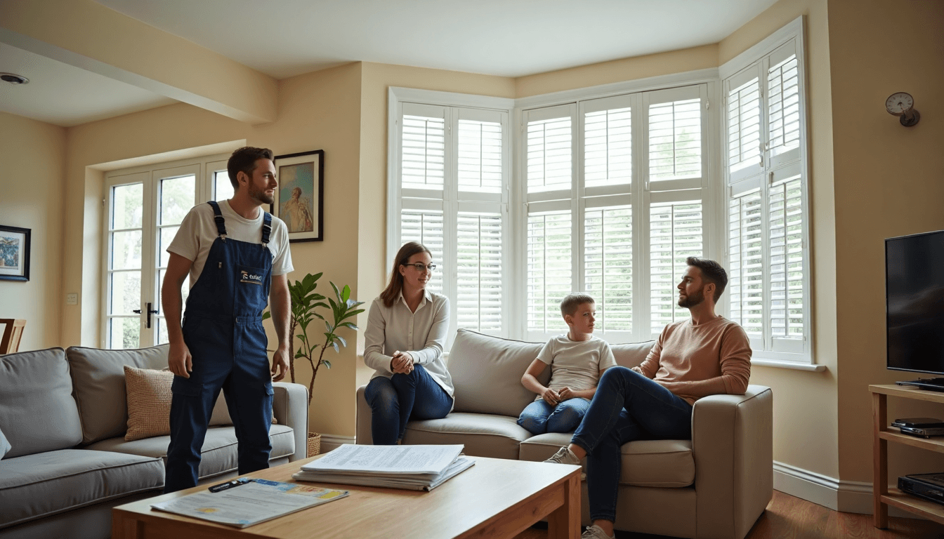 Installer fitting shutters in bright UK living room with paperwork visible