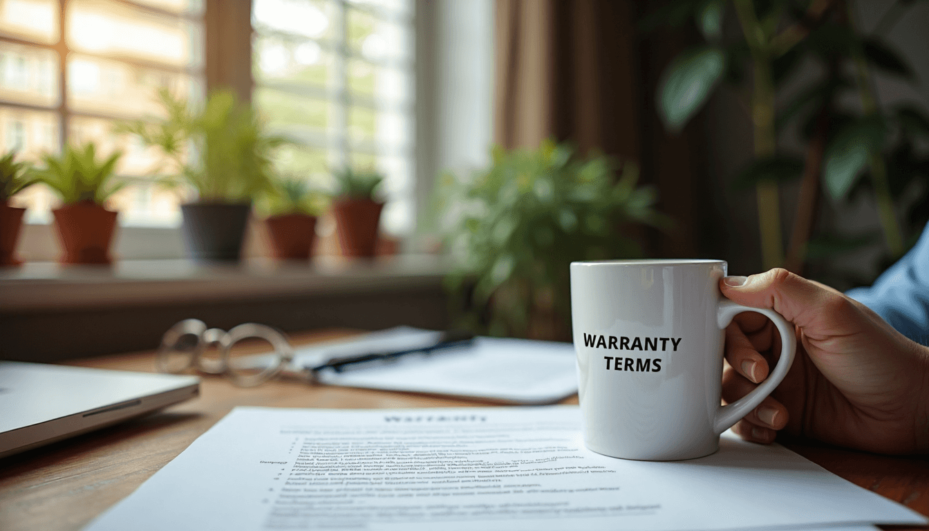 Person reviewing shutter warranty documents at sunny desk