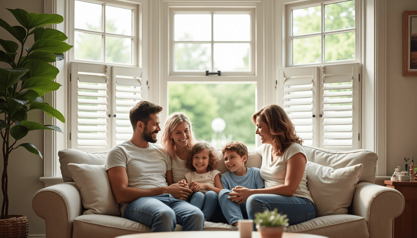 summer shutters benefits Family relaxing in living room with summer shutters and sunlight