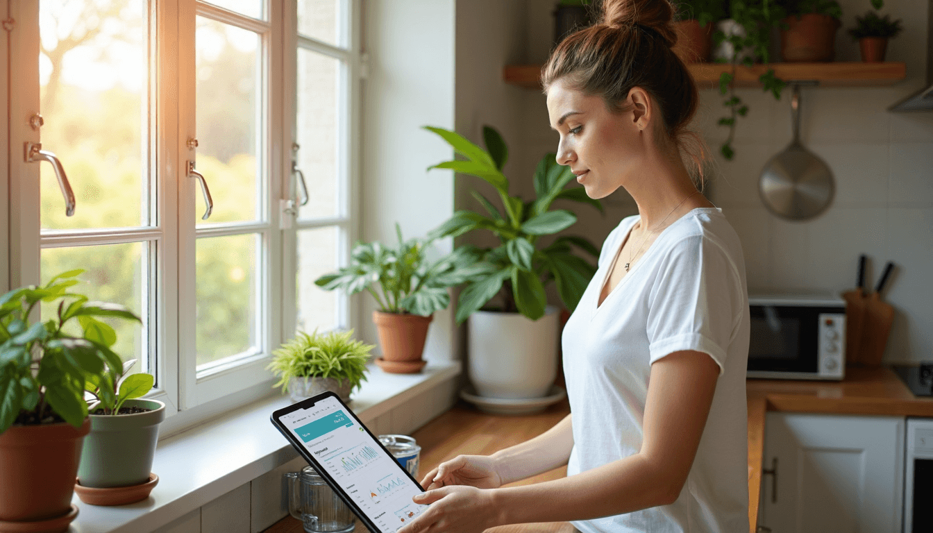 summer shutters benefits Woman adjusts shutters in sunlit kitchen with tablet on counter