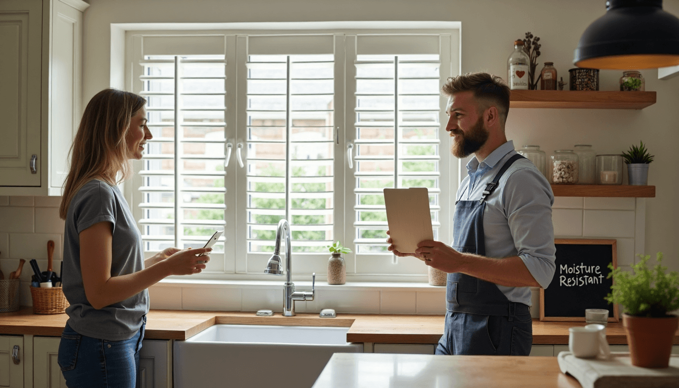 Homeowner and installer discussing moisture-resistant kitchen window shutters