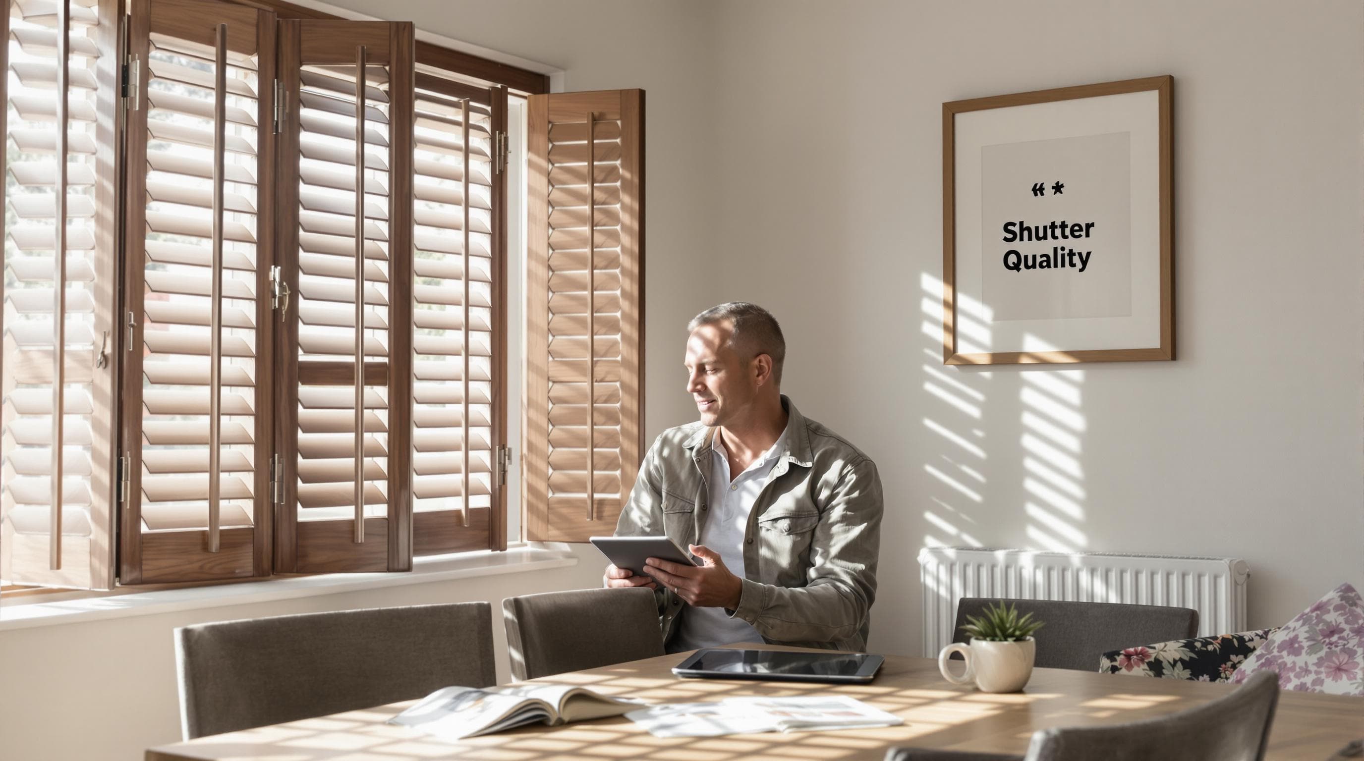 Homeowner examines quality shutters in bright UK living room