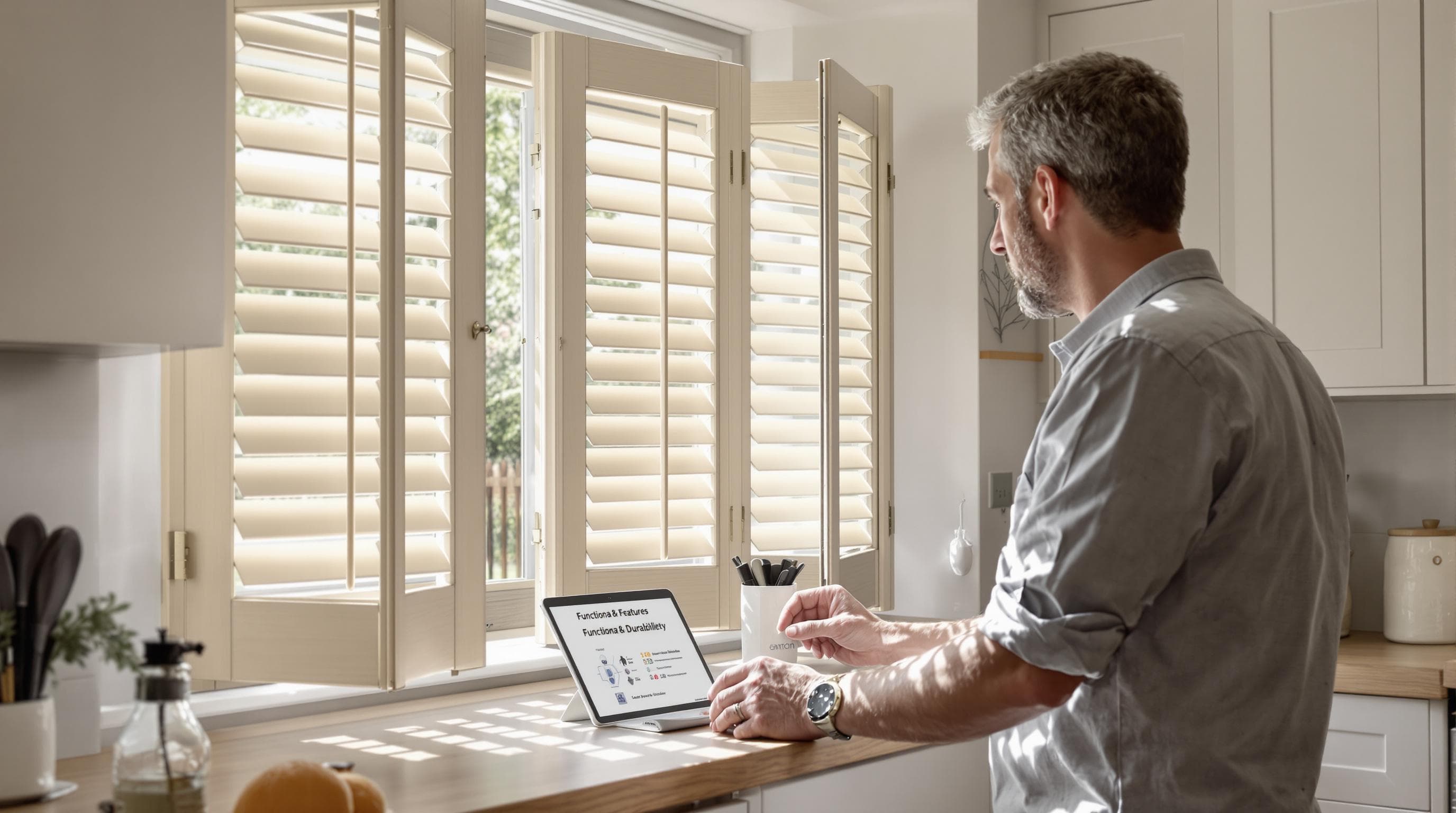 Installer demonstrates window shutters and their functional features
