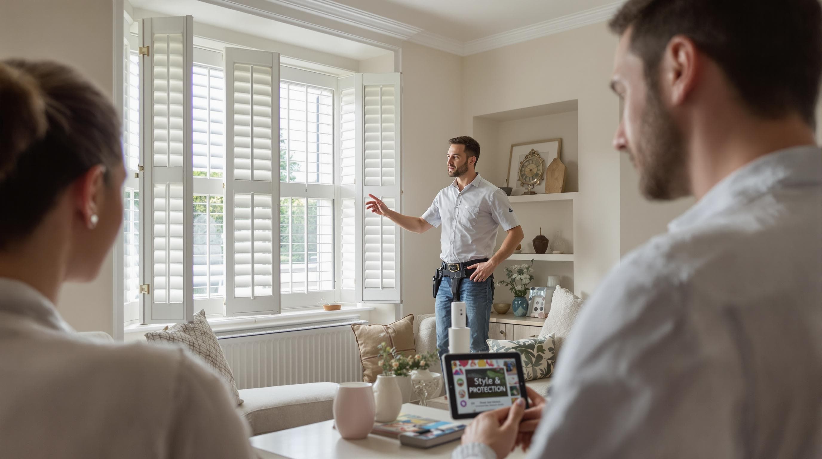 shutters and home security Installer explains stylish secure shutters to homeowners in modern room