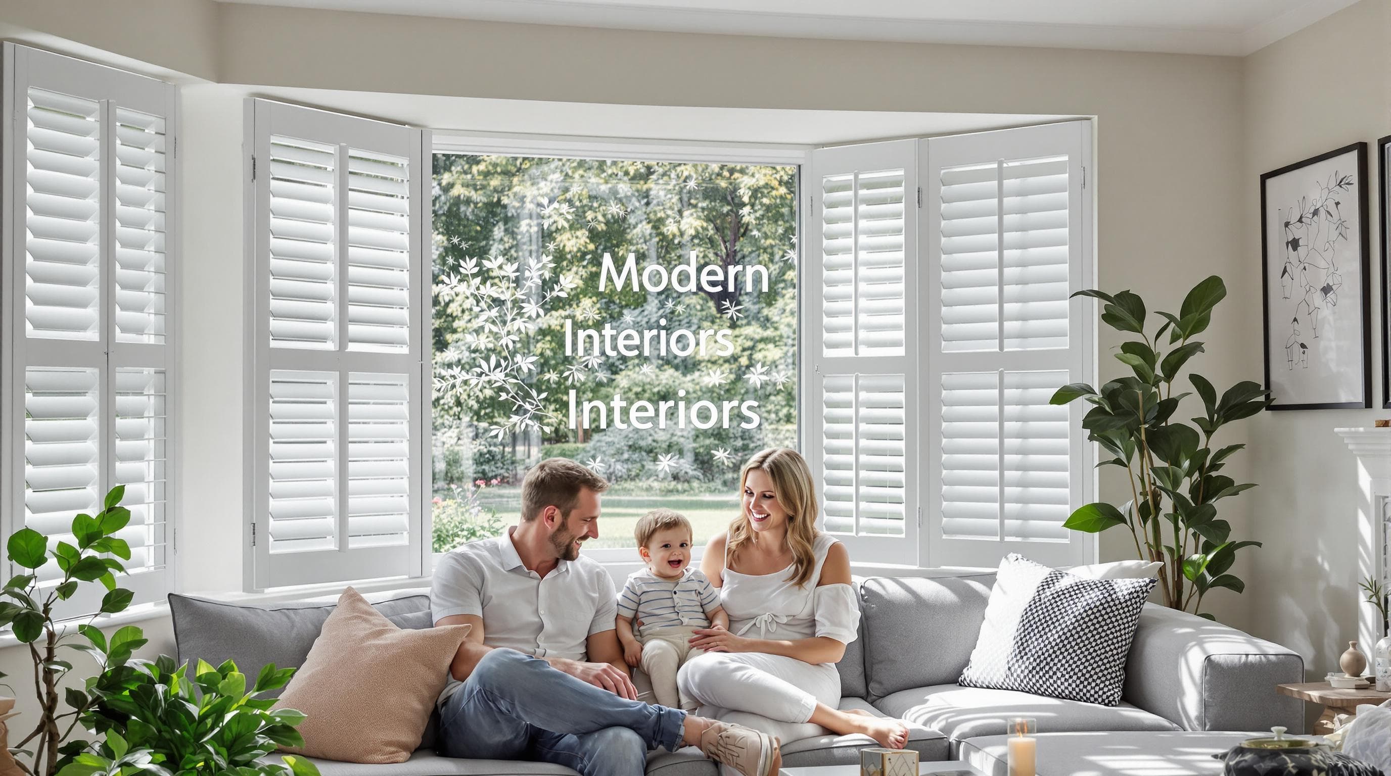 Family in modern UK living room with sleek shutters and 'Modern Interiors' text