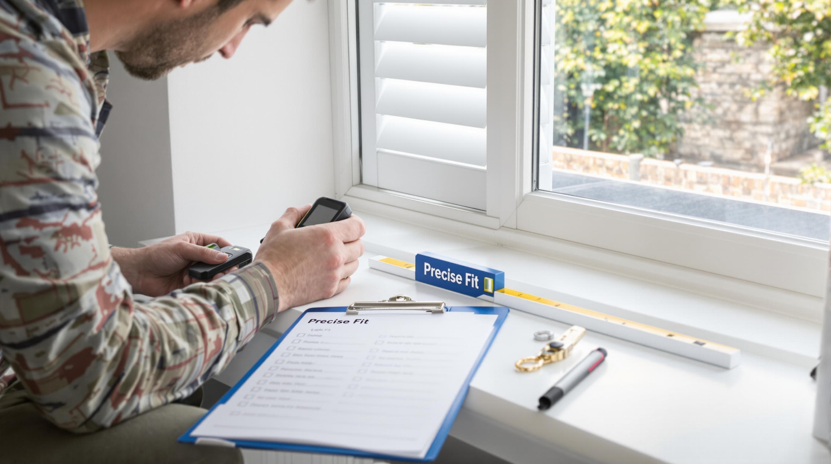 Installer precisely measures window for shutter frame fit