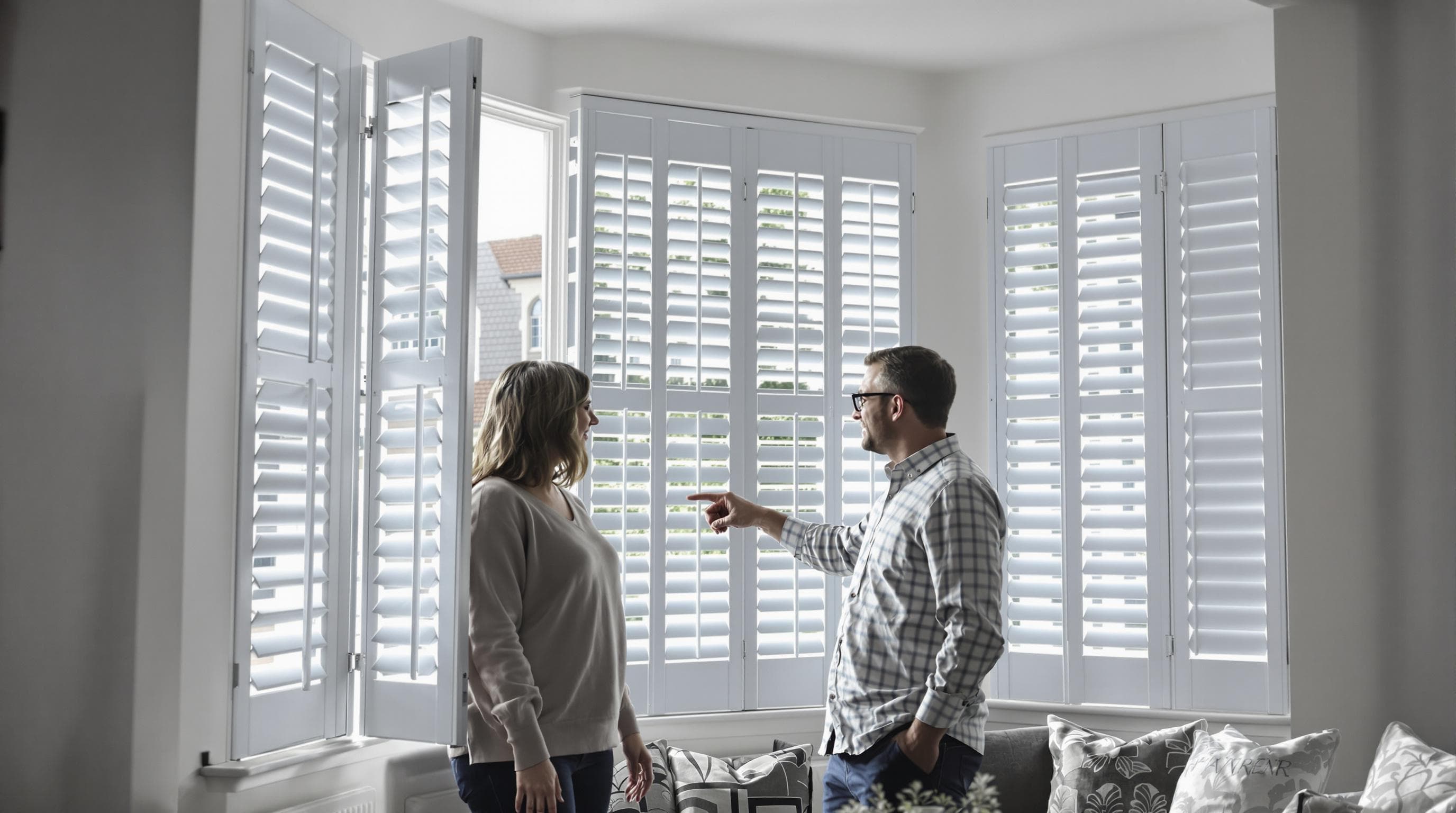 Couple examines modern shutter frame in bright UK living room