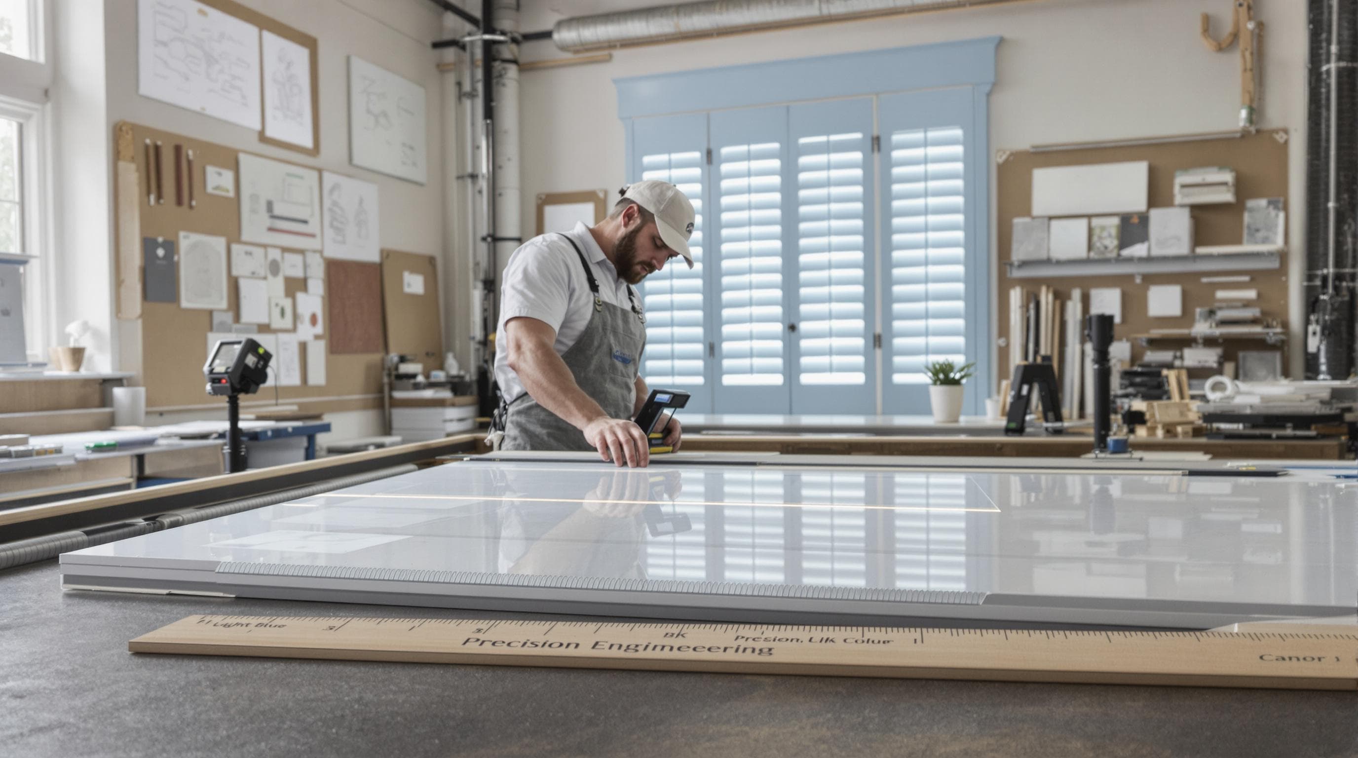 custom shutters process Craftsperson measures custom shutter panel in workshop setting