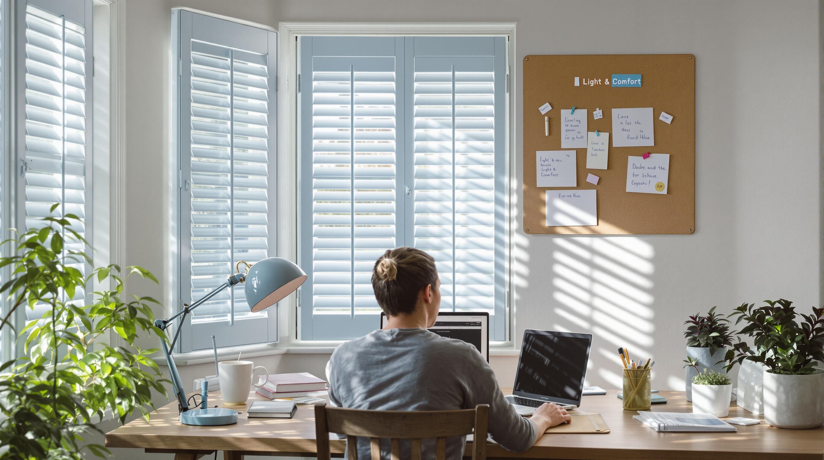 shutters for home offices Person adjusting shutters in sunlit workspace for comfort