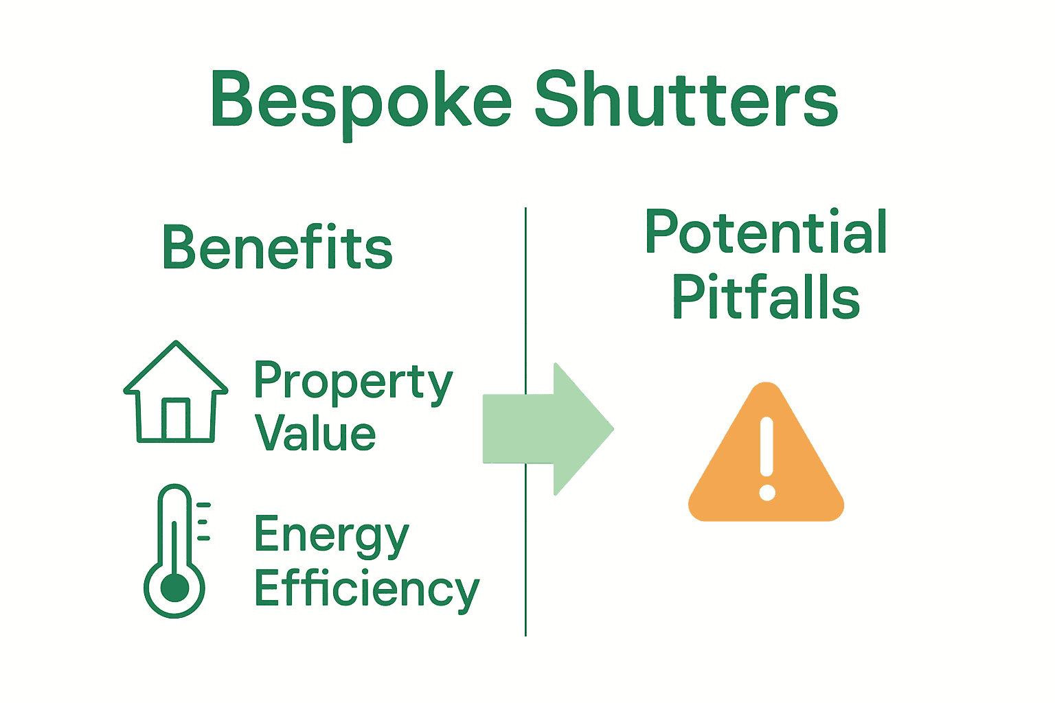 Bespoke shutters benefits versus potential pitfalls infographic.