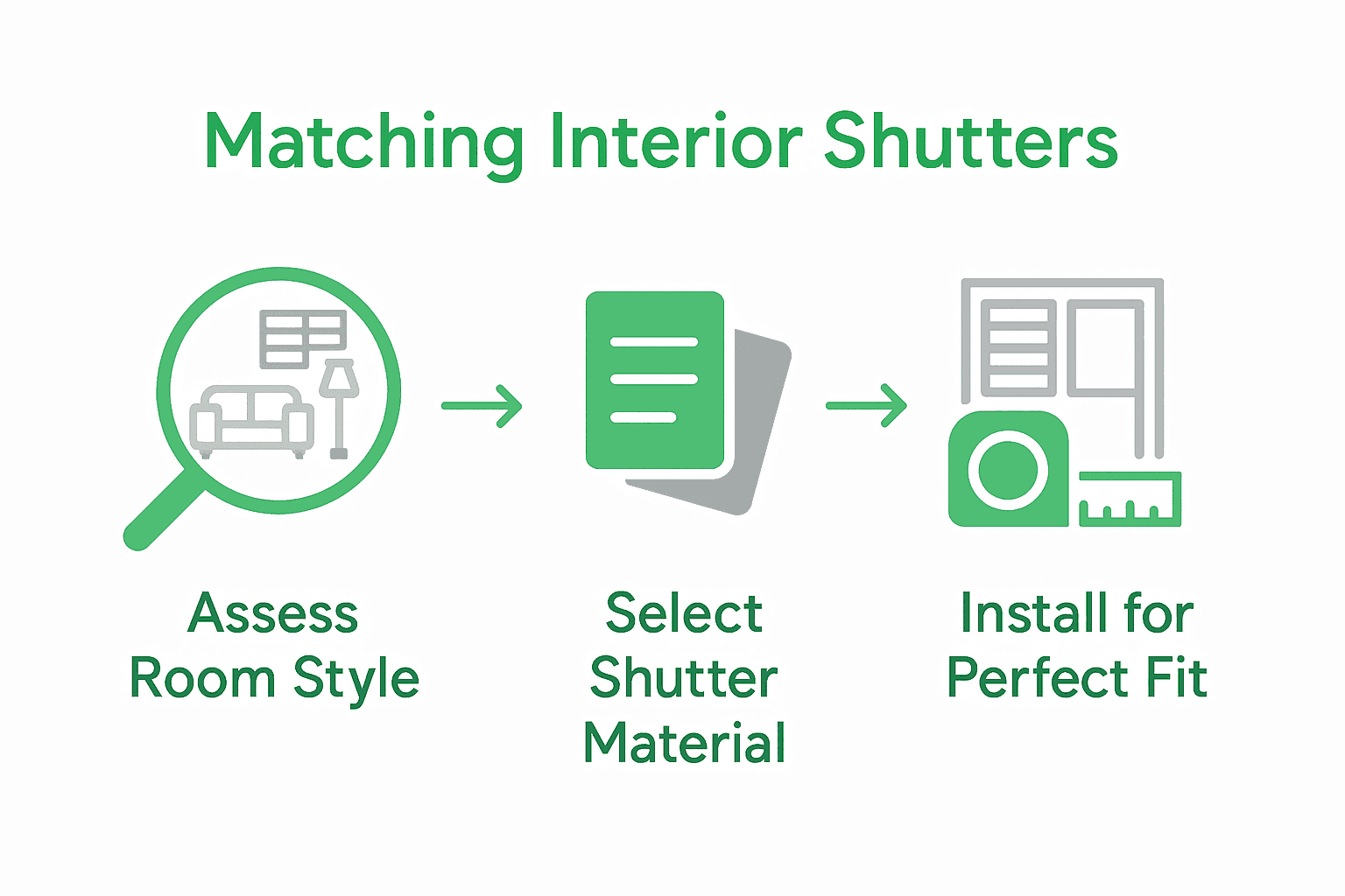 how to match shutters interior Infographic showing steps to match interior shutters: assess style, choose material, install fit.