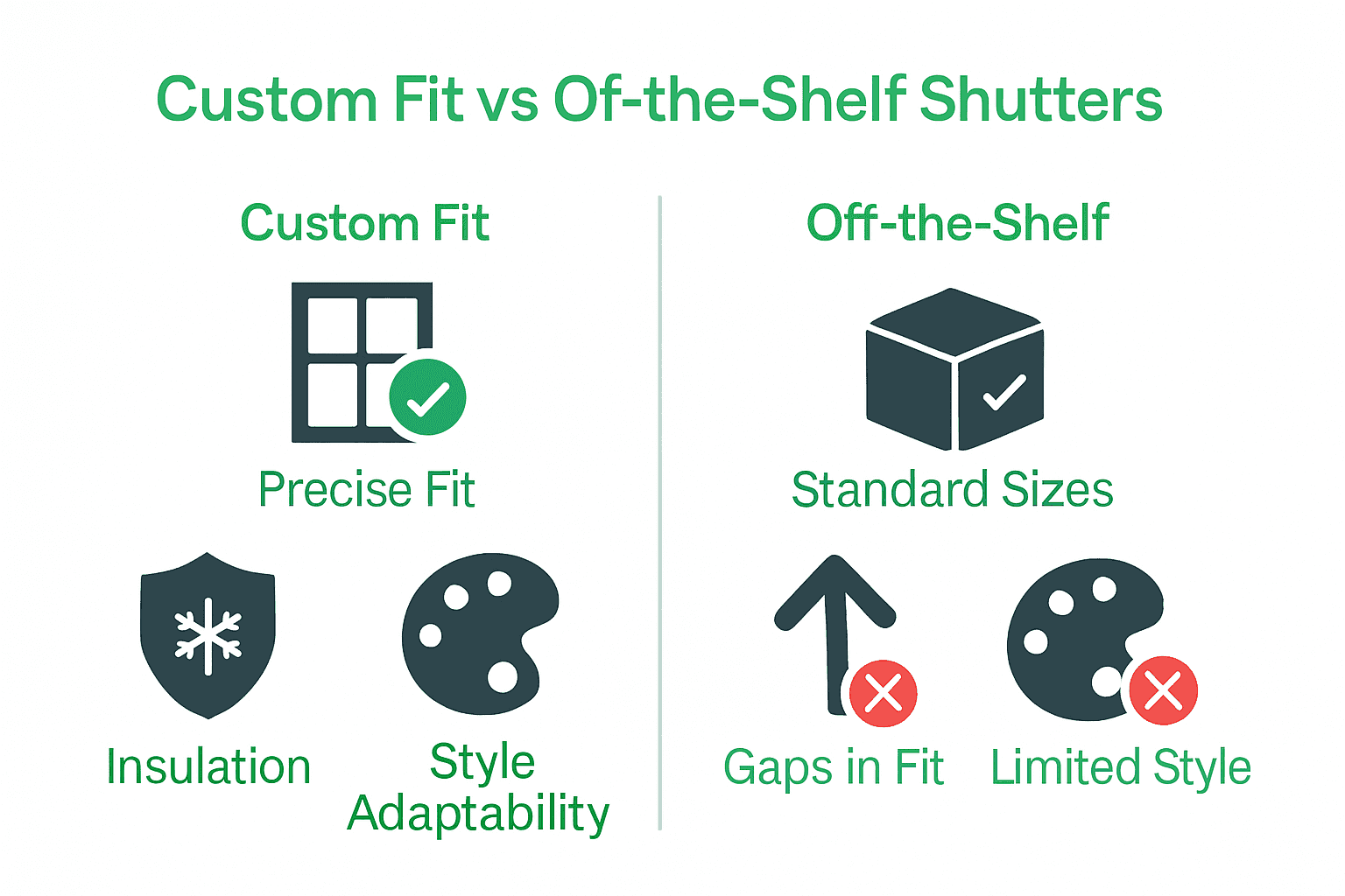 Infographic comparing custom fit shutters and off-the-shelf shutters on fit, insulation, and style.