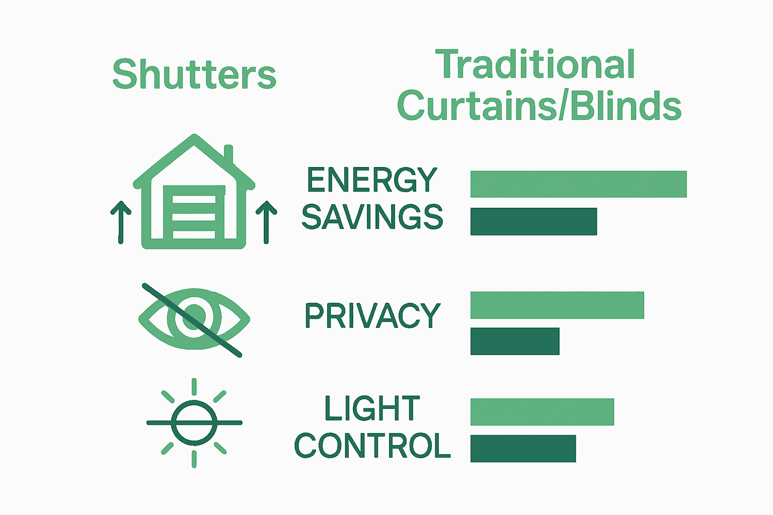shutters for renovations Infographic comparing shutters vs curtains on energy, privacy, light management