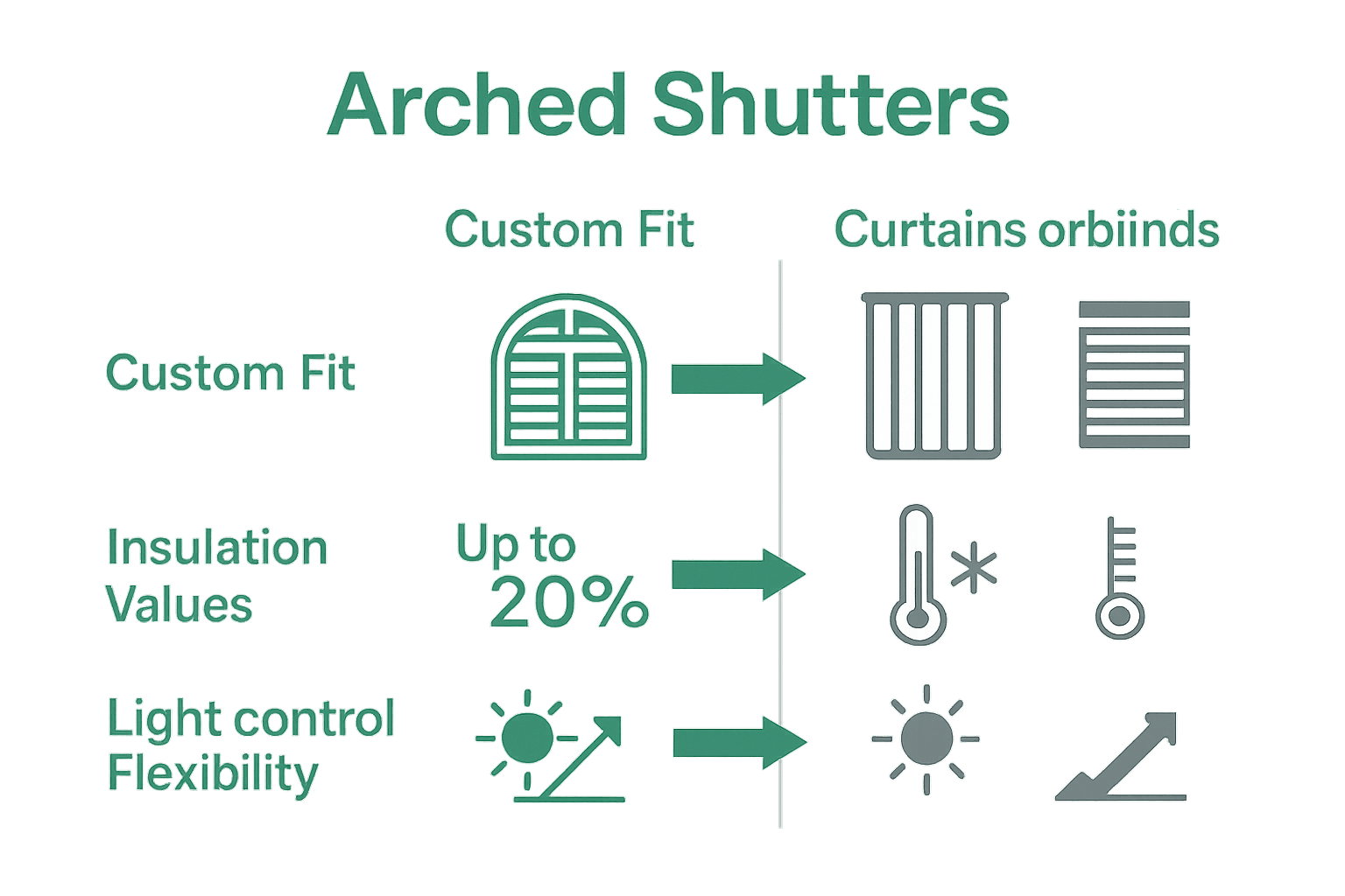 Comparison infographic shows insulation and fit for arched shutters, curtains, and blinds.