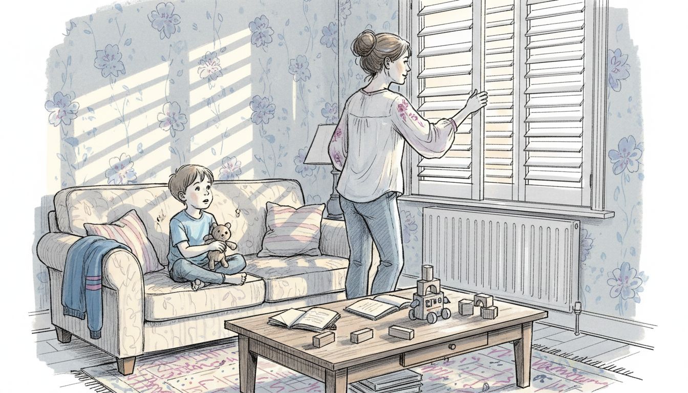 Lighting control shutters Mother and son closing home window shutters
