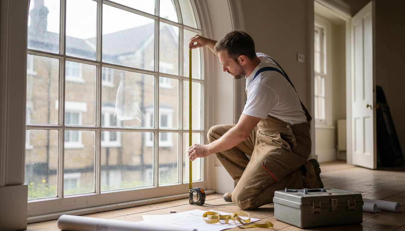Installer measuring complex arched window for shutters