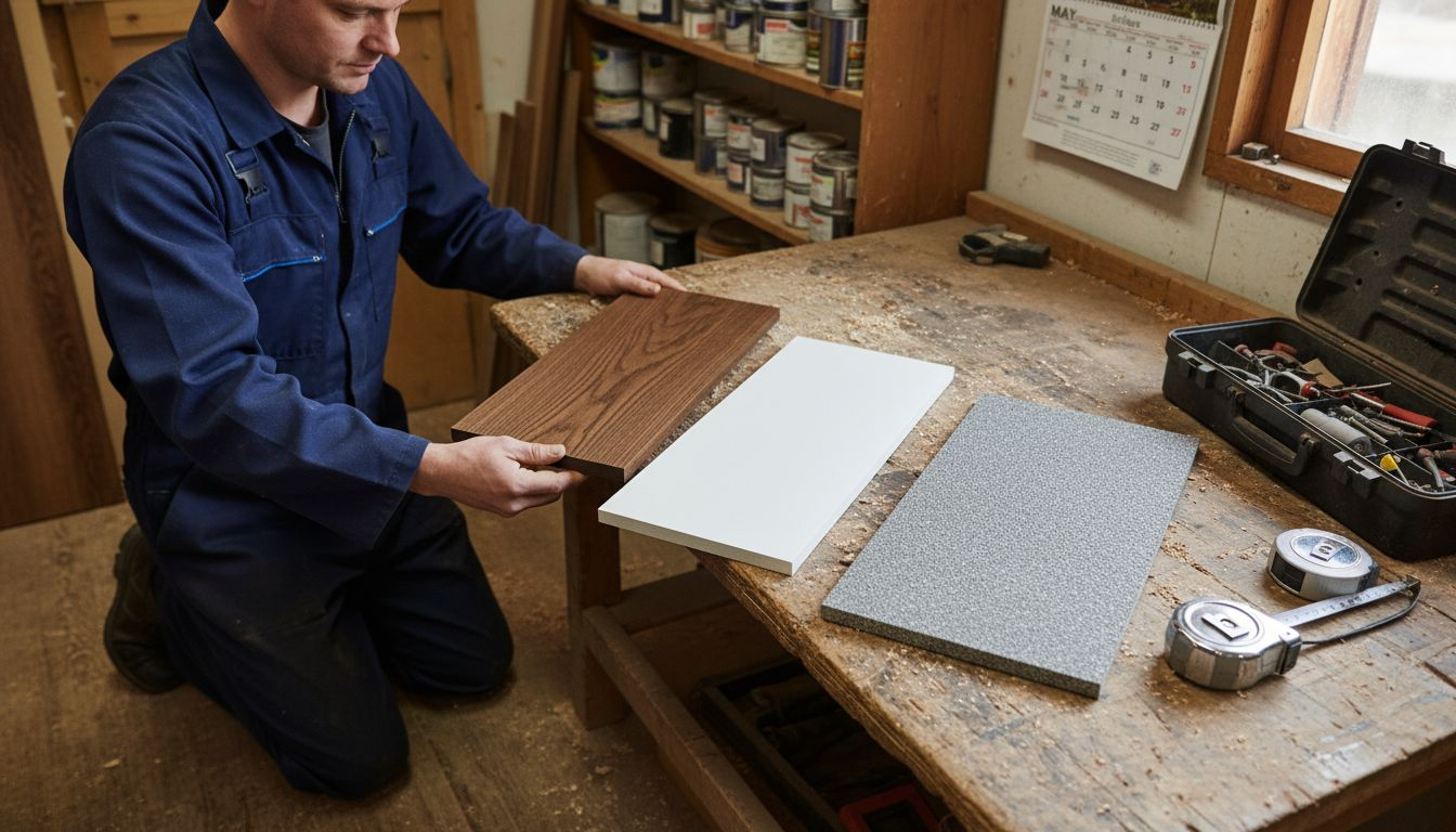 Shutter material samples in joinery workshop