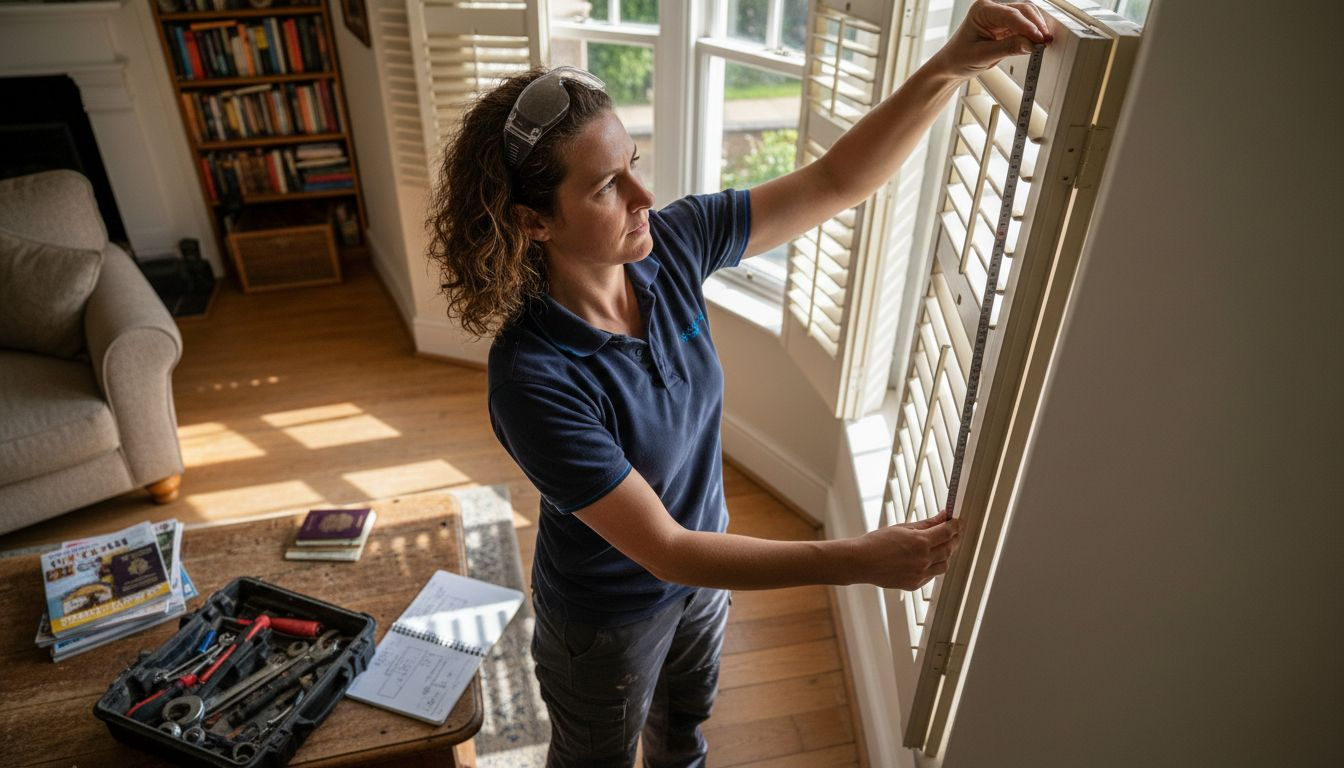 Window shutter regulations UK Installer measuring UK interior window shutter