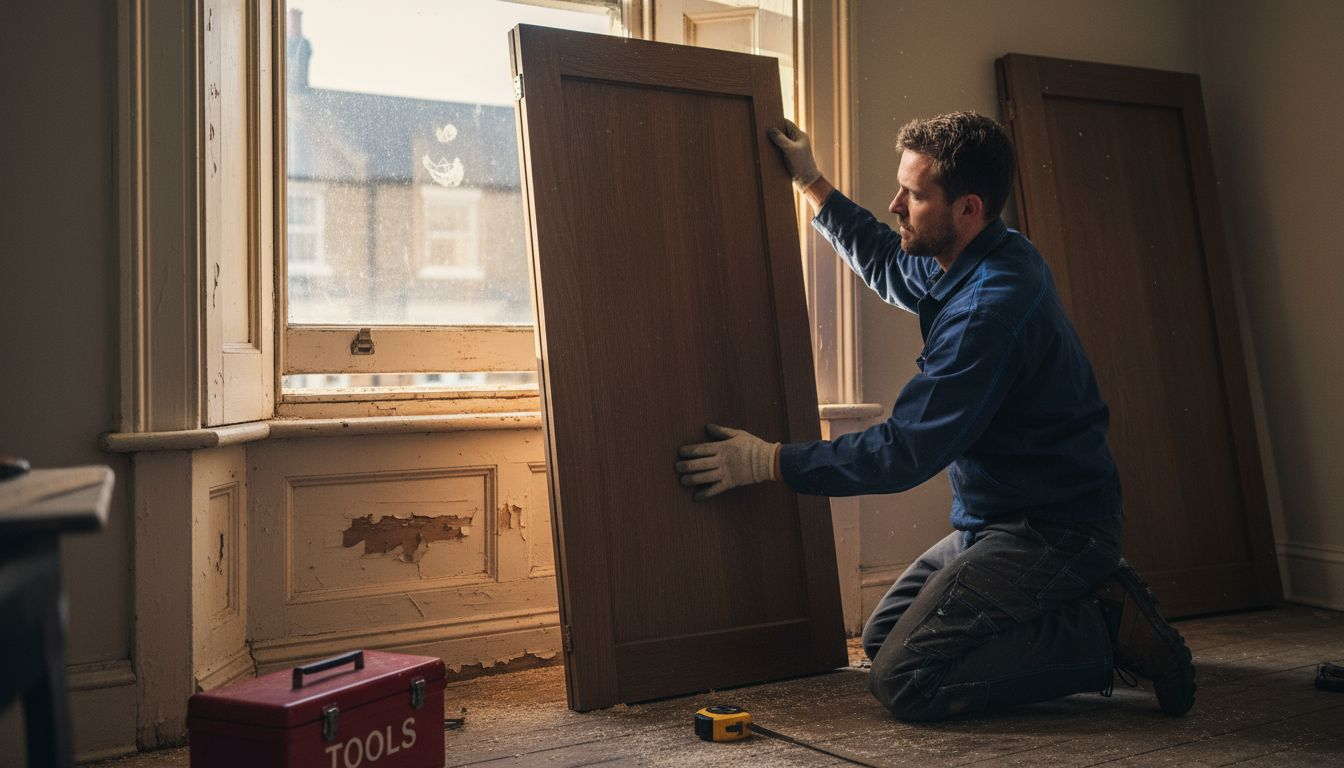 Carpenter installing solid panel window shutters