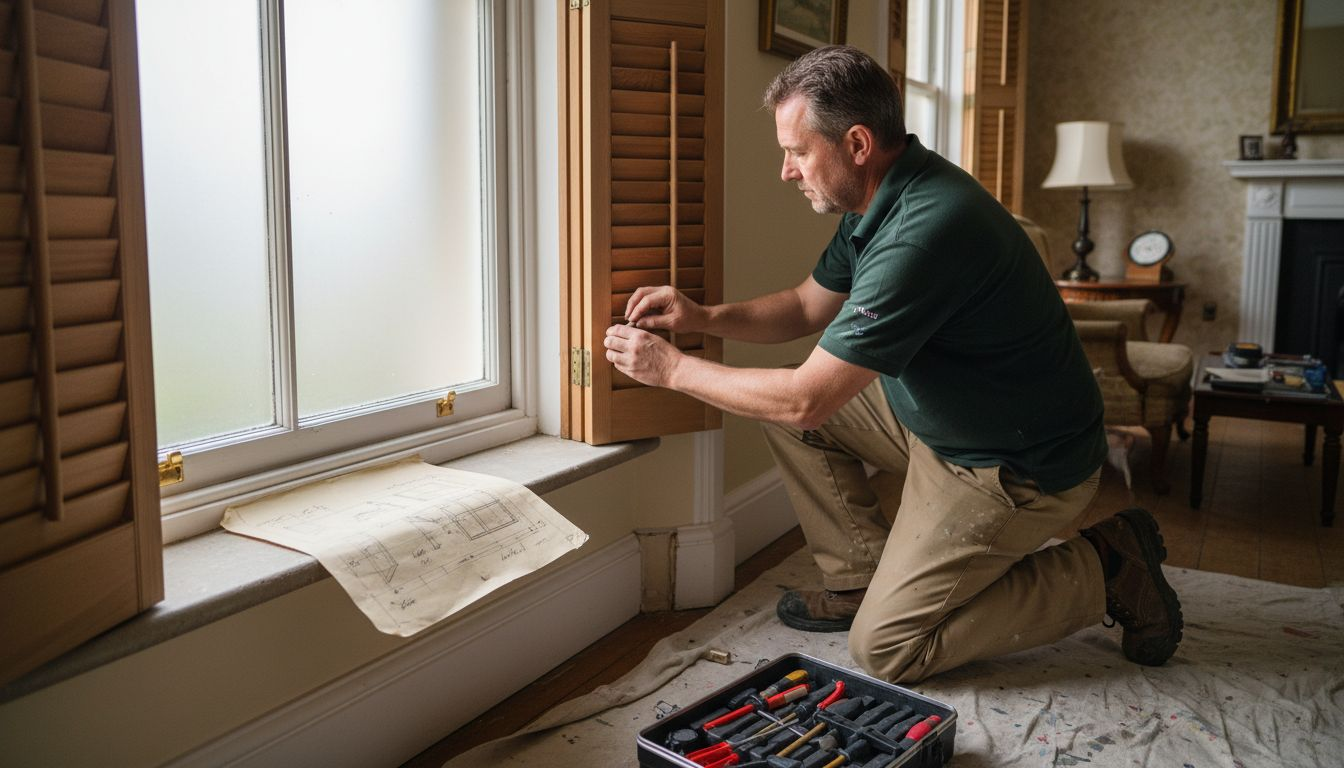 Installer fitting custom shutter to arched window
