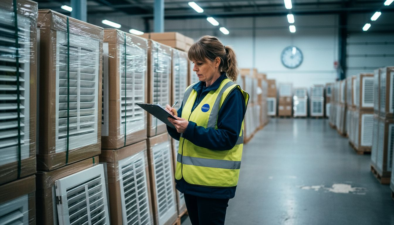 Manager reviewing timeline beside manufactured shutters