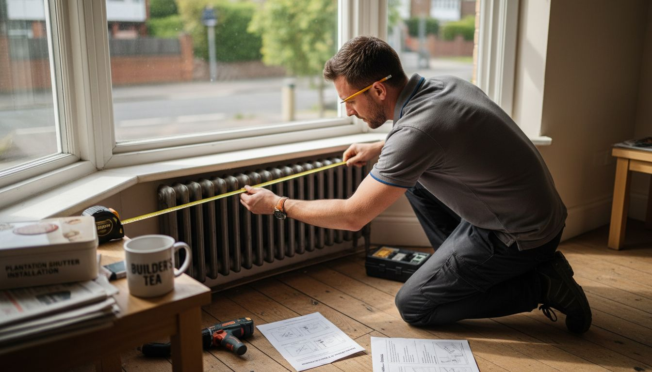 Price of plantation shutters Fitter measuring window for shutter installation
