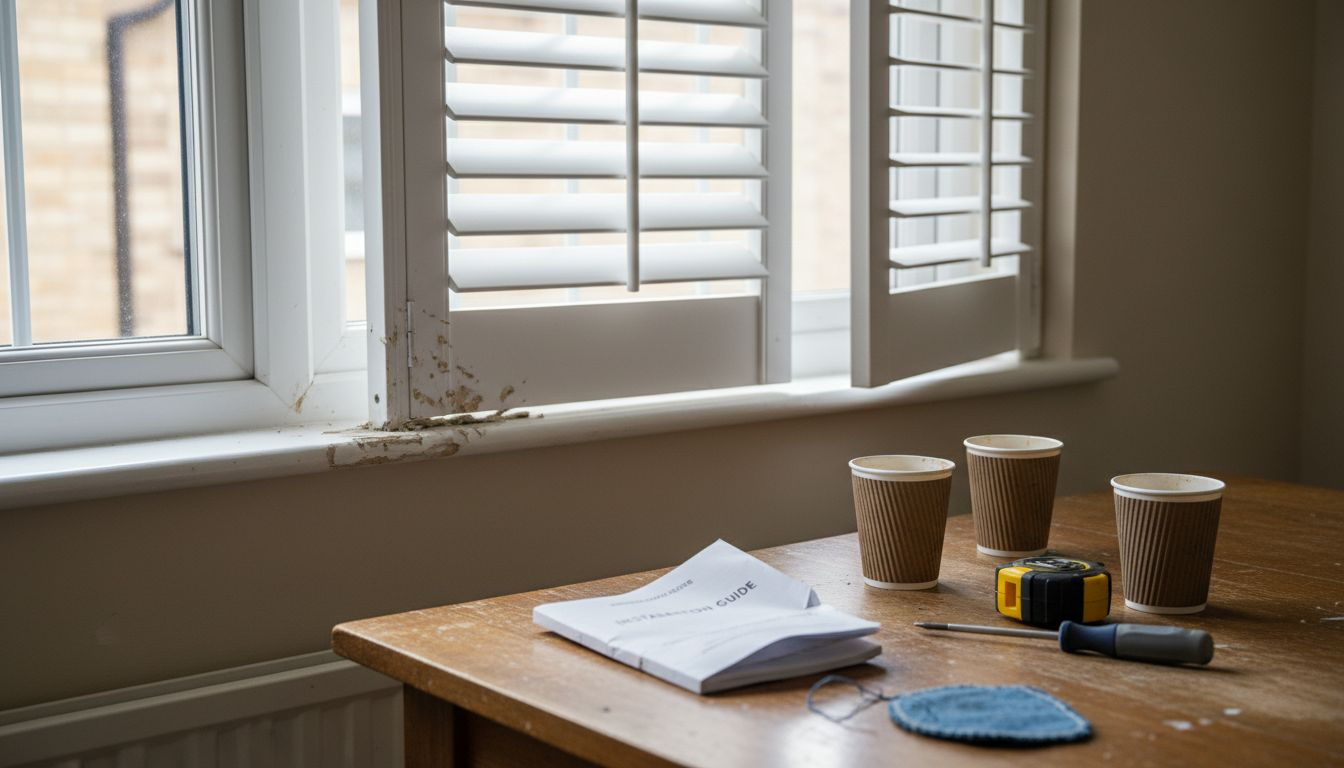 DIY shutter installation risks Misaligned plantation shutters with installation tools