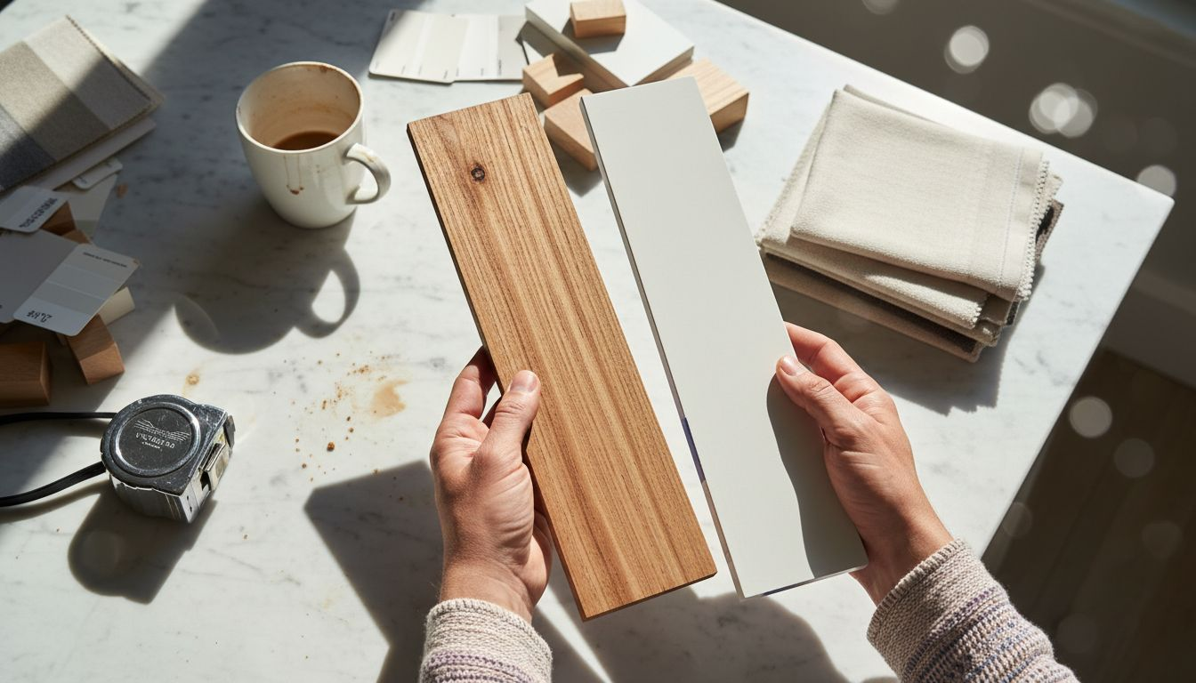 Hands compare wood and composite shutter samples