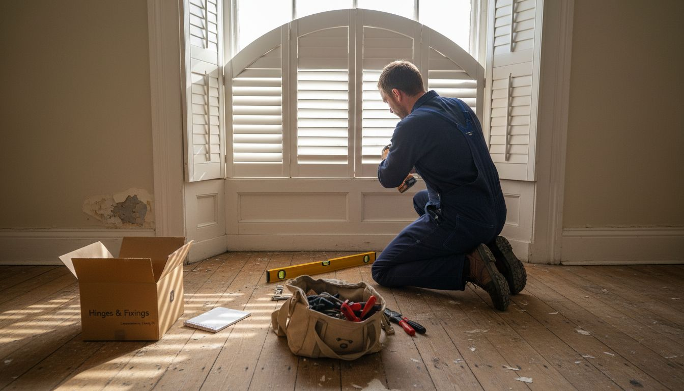 advantages of made to measure shutters Installer fitting arched window bespoke shutters