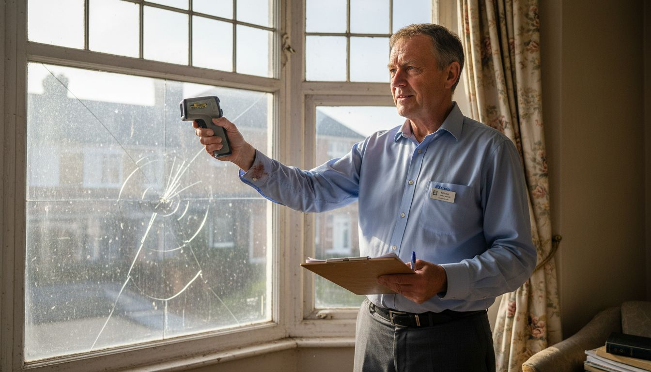 Surveyor measuring old bay window with tools