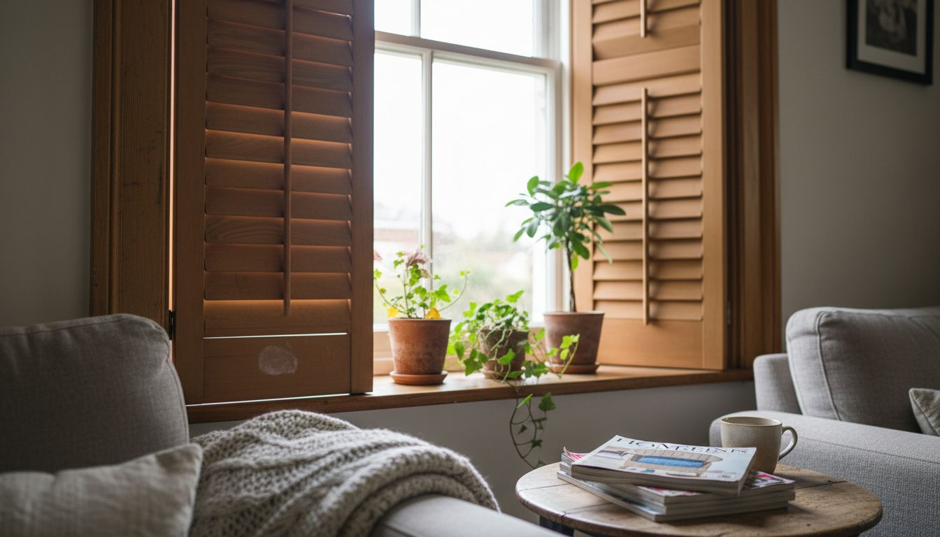 Best window shutters for UK homes Bay window with open wood shutters