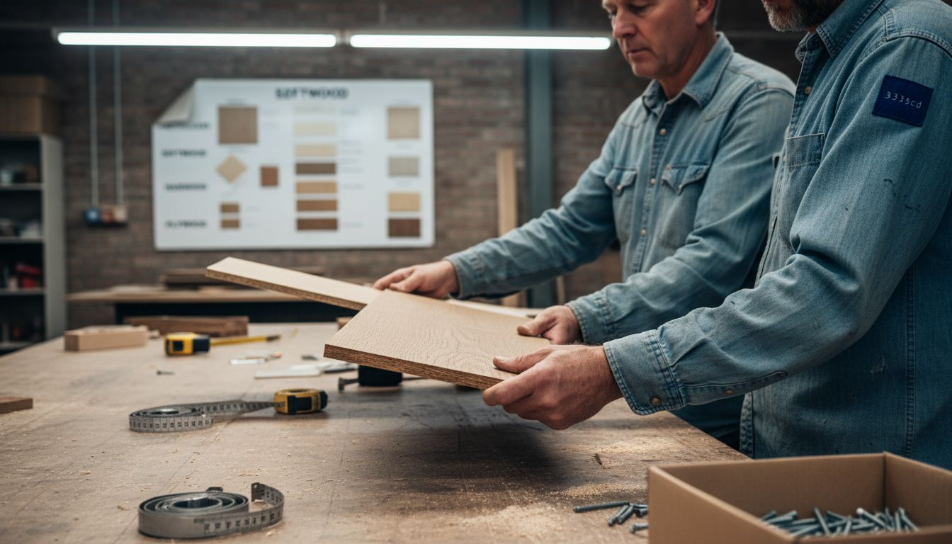 Carpenters inspecting recycled MDF and timber planks