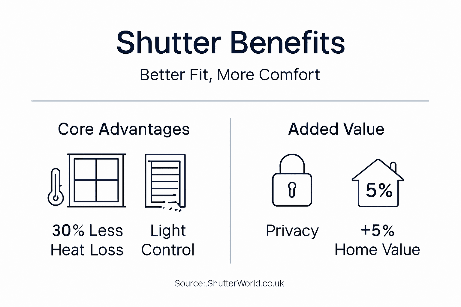 What styles does shutterworld.co.uk offer Infographic showing insulation and value benefits of shutters