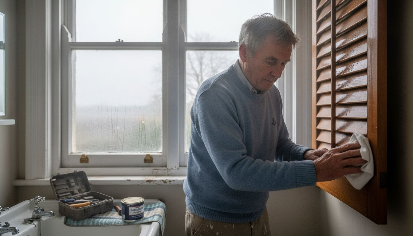 Man performing hardwood shutter maintenance in bathroom