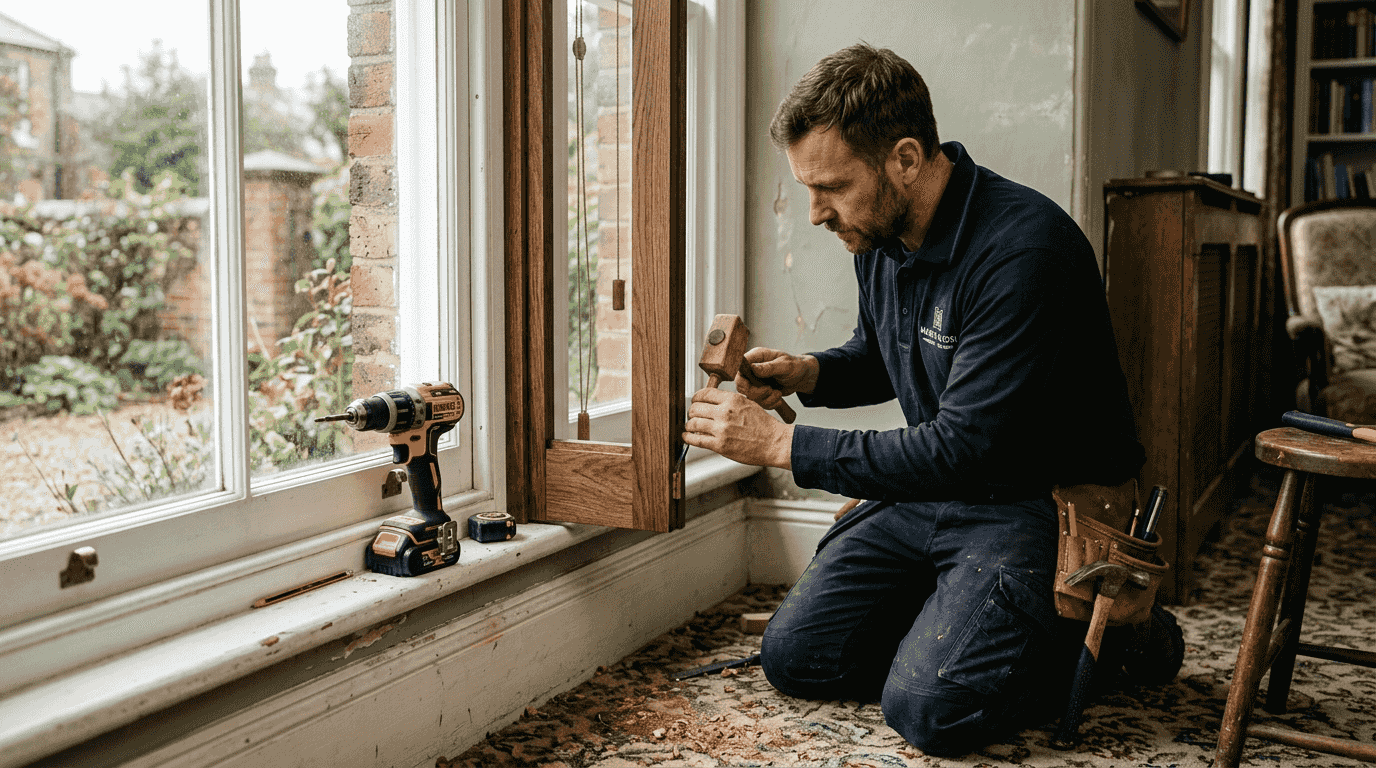 Installer adjusting hardwood window shutter frame detail