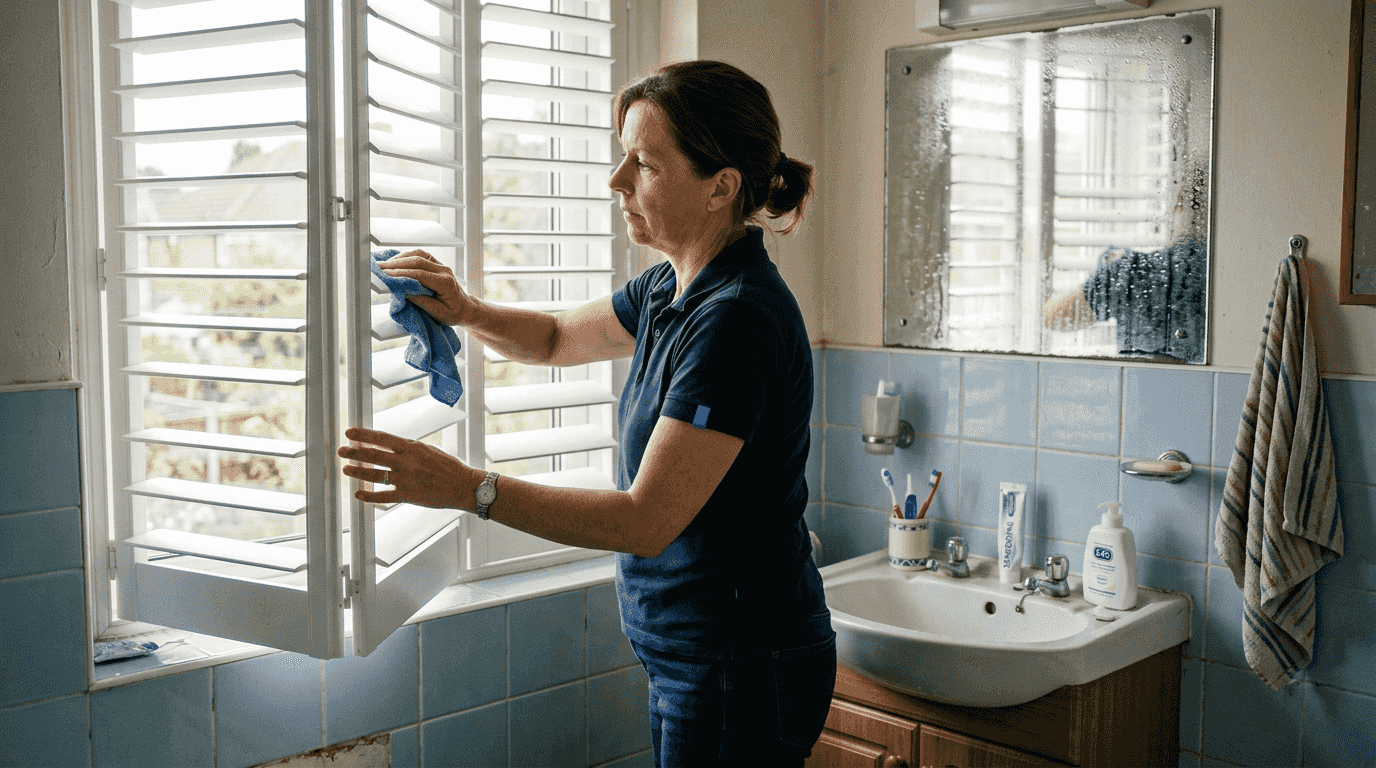 Affordable bespoke shutter options Homeowner cleaning PVC shutters in bathroom