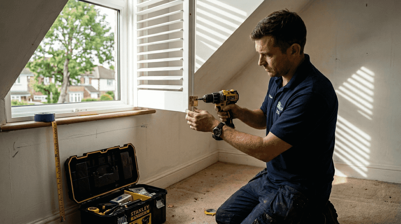Technician installing shutter blinds precisely