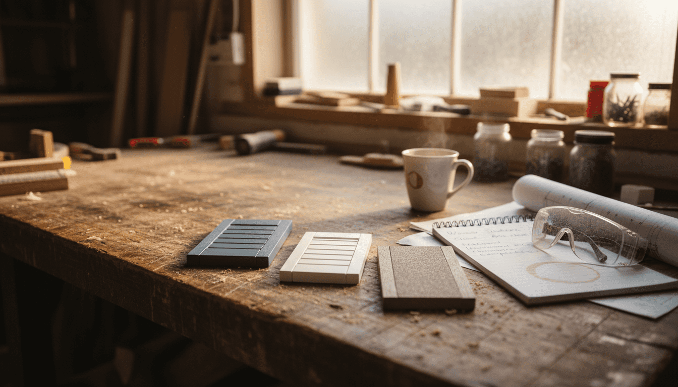 Different shutter material samples on workbench