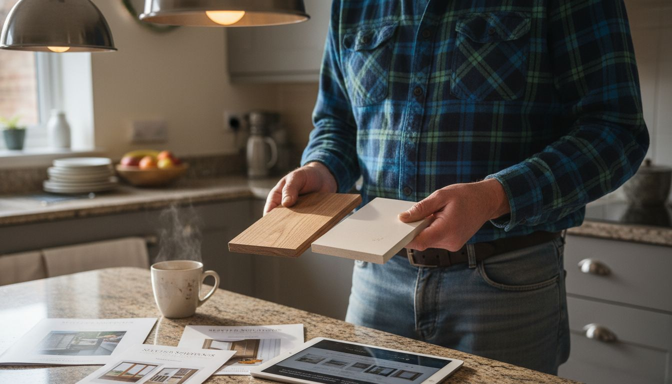 Man inspecting shutter material samples