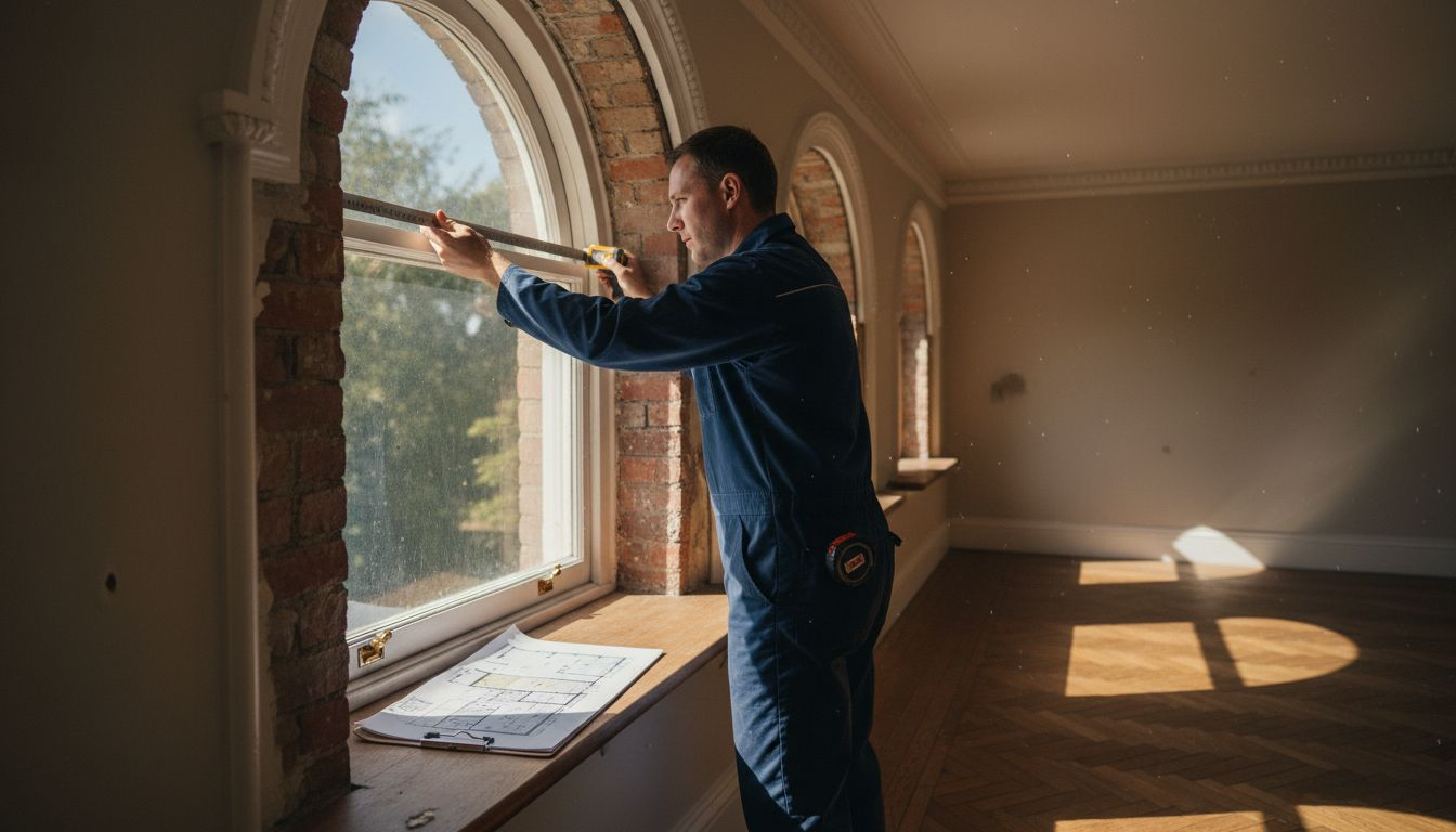 luxury shutters features Installer measuring arched window for custom shutters