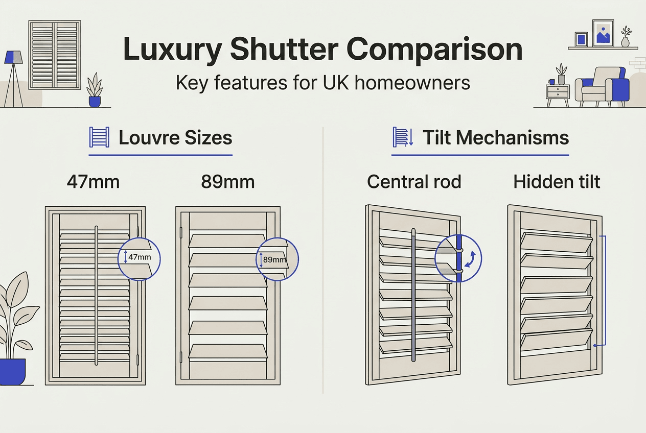luxury shutters features Infographic comparing louvre sizes and tilt options
