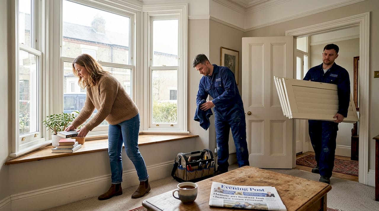 Homeowner preparing bay window for shutter fitters
