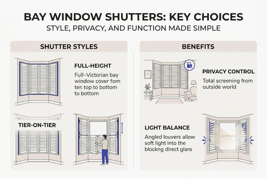 victorian bay window shutters Infographic with shutter styles and key benefits