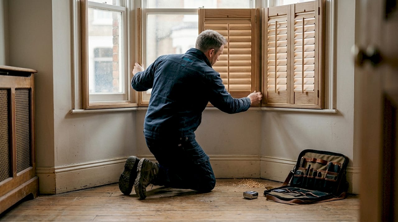 victorian bay window shutters Craftsman fitting plantation shutter to bay window