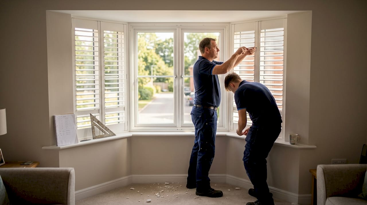 shutters for new builds Installers fitting shutters in angled bay window